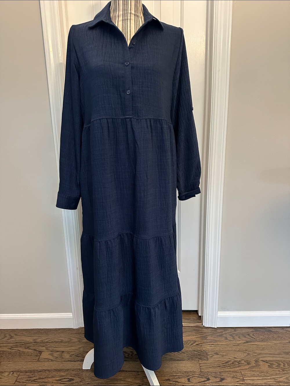 Navy Long-Sleeve Tiered Maxi Dress with Collar